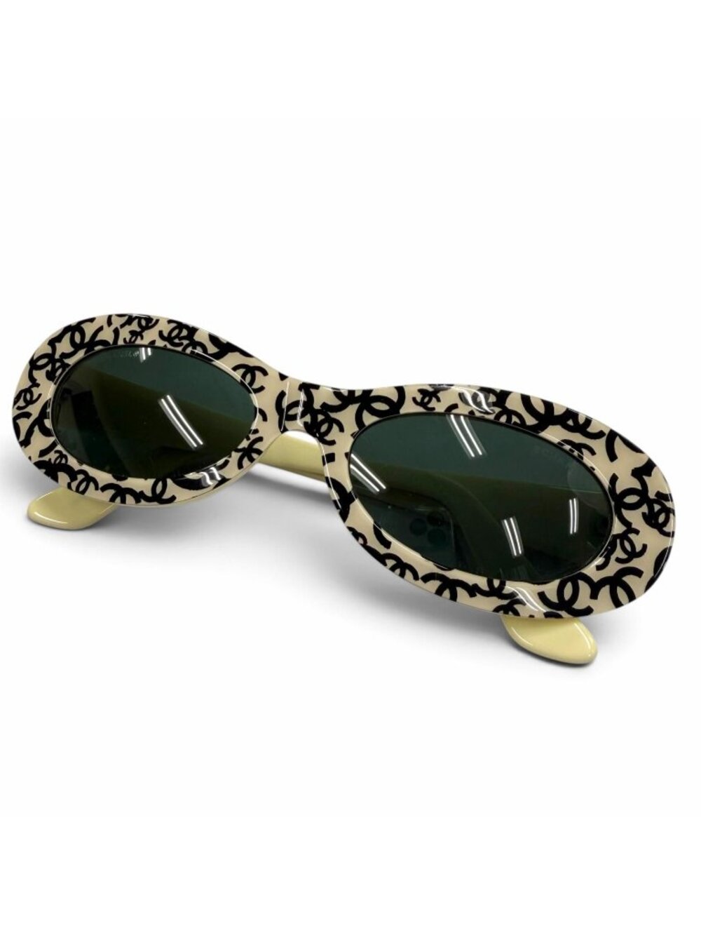Chanel Vintage CC Logo All Over Print Oval Eyewear Sunglasses Ivory Black Demo